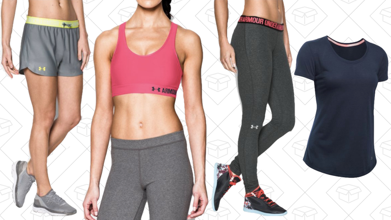 UA Play Up Shorts, $19 | Armour Mid Sports Bra, $12 | UA Favorite Legging, $20 | UA Threadborne Streaker Short Sleeve Shirt, $18